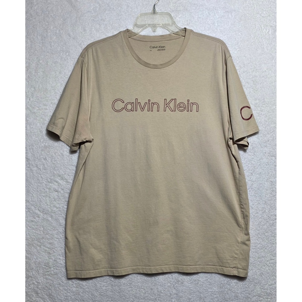 Calvin Klein Men's Tan Beige Logo Graphic Short Sleeve Cotton T-Shirt Large